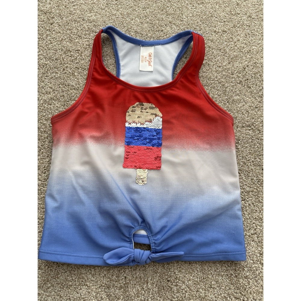 Cat &‎ Jack Girls Size 2T Racer Back Swim Tank Red White Blue Sequins Summer